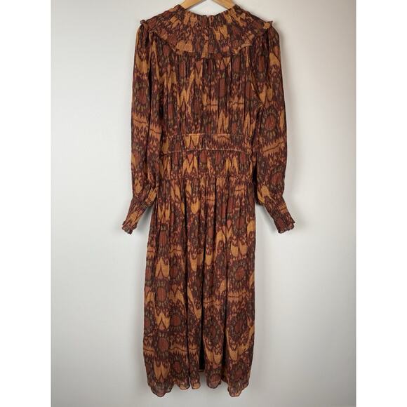 Ulla Johnson Long Sleeve Smocked Multi Brown Midi Dress Brown Rust Size 6 - Picture 6 of 11